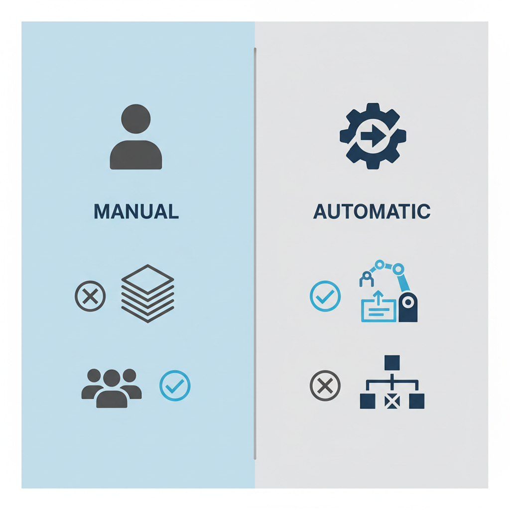 Comparison: Side-by-side comparison visual with two columns showing manual vs automatic assignment characteristics, using checkmarks and simple icons for Conversation Assignment: Route Tickets to the Right Agent
