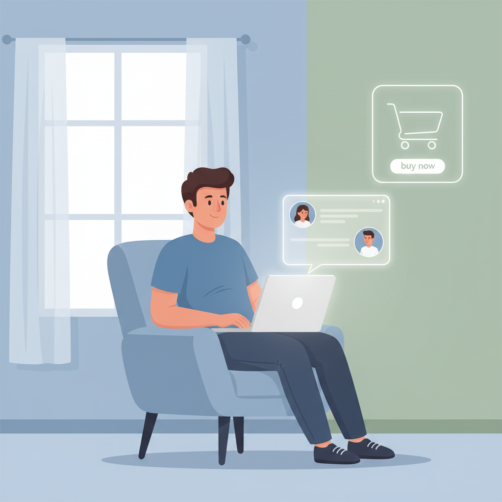 Illustration: A warm, inviting illustration of an online shopper on their laptop looking relieved and happy as a friendly chat bubble appears on their screen, with shopping cart icons and a small 'buy now' button visible, soft e-commerce color palette with blues and greens for E-commerce Live Chat: Convert Browsers Into Buyers