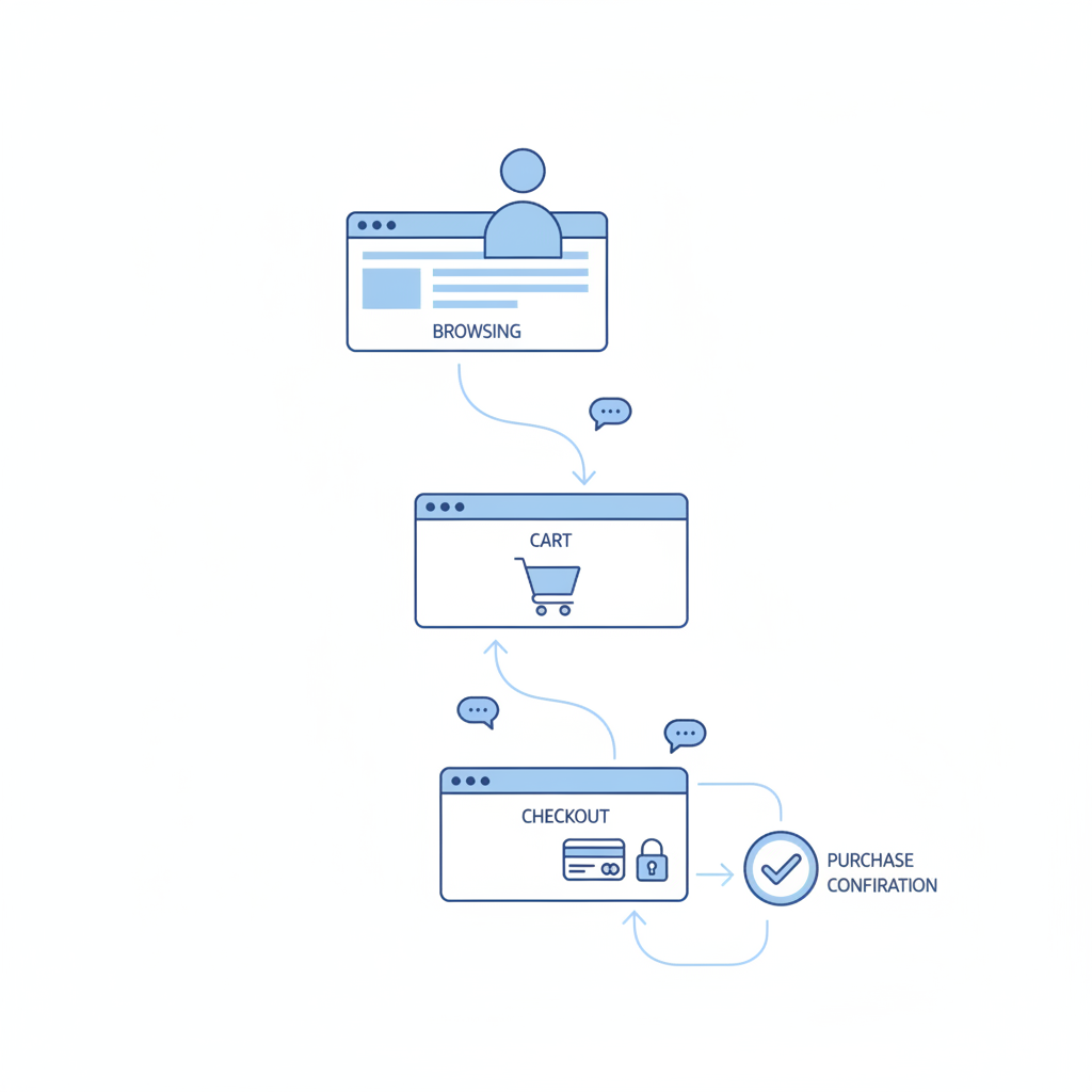 Chart: A clean, simple flowchart showing the customer journey through an e-commerce site with chat touchpoints marked: browsing to cart to checkout, with small chat bubble icons at key intervention points for E-commerce Live Chat: Convert Browsers Into Buyers