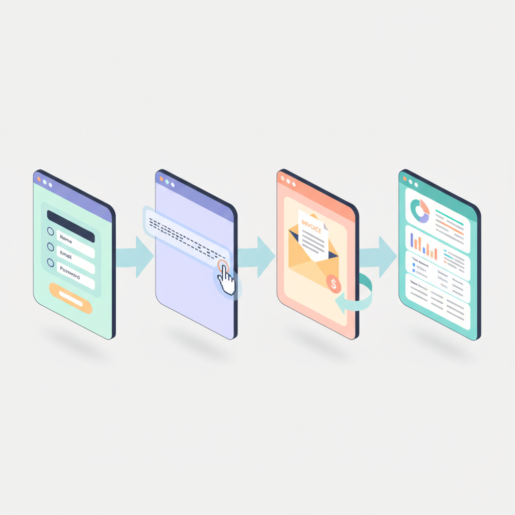 Illustration: Step-by-step visual showing the setup process: 1) Sign up screen 2) Copy unique email address 3) Forward invoice 4) See extracted data appear, product UI mockup style with arrows between steps for Email-to-Invoice: Automate Processing from Your Inbox