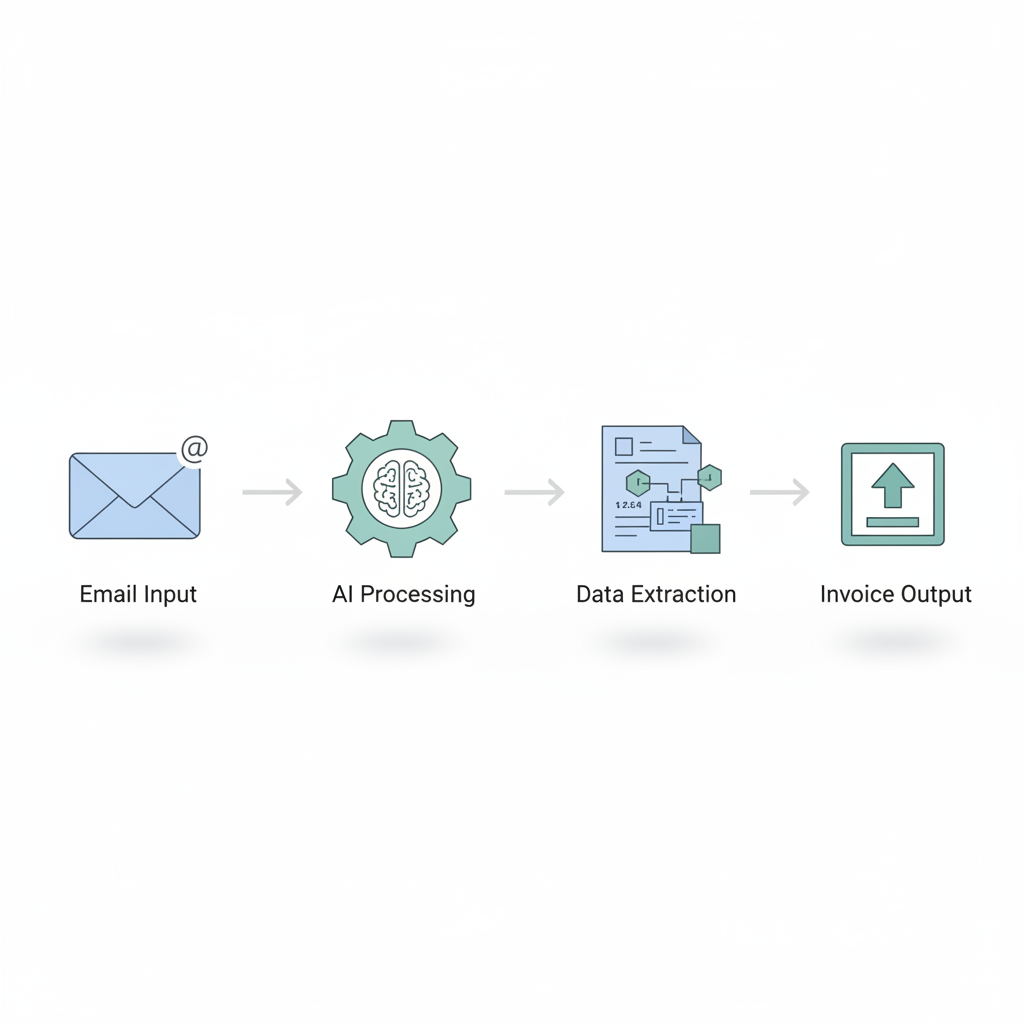 Chart: Simple flowchart diagram showing: Email with invoice attachment → AI Processing Engine → Extracted Data Fields (vendor, amount, date, line items) → Export options (spreadsheet, accounting software, payment system), clean minimal style with icons for Email-to-Invoice: Automate Processing from Your Inbox