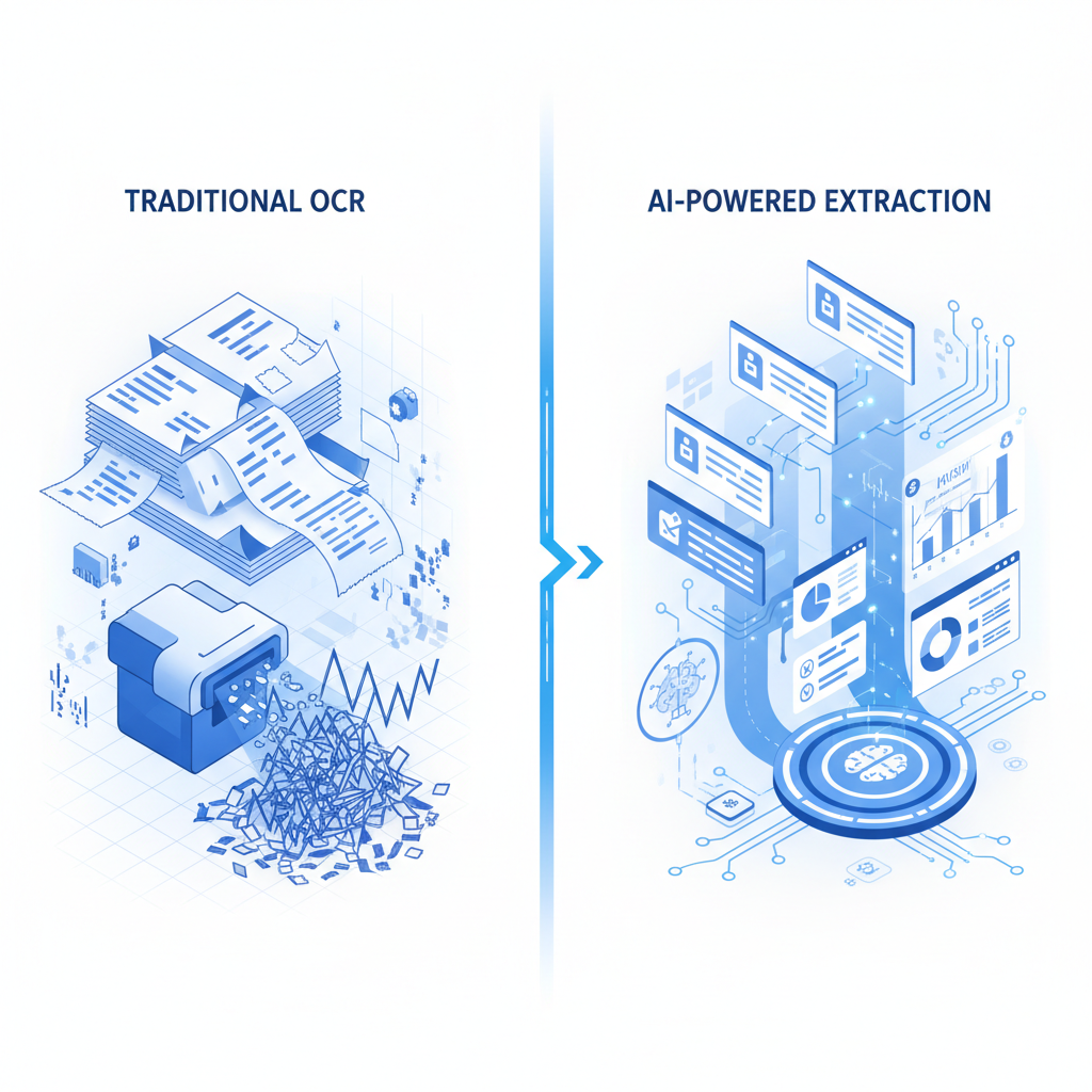 Illustration: A clean, modern visualization showing the contrast between traditional document scanning and AI-powered extraction, with abstract representations of data flowing from an invoice into organized, accurate financial data fields. Professional blue and white color scheme suitable for finance industry. for Invoice OCR vs AI Extraction: Why Accuracy Rates Vary So Much